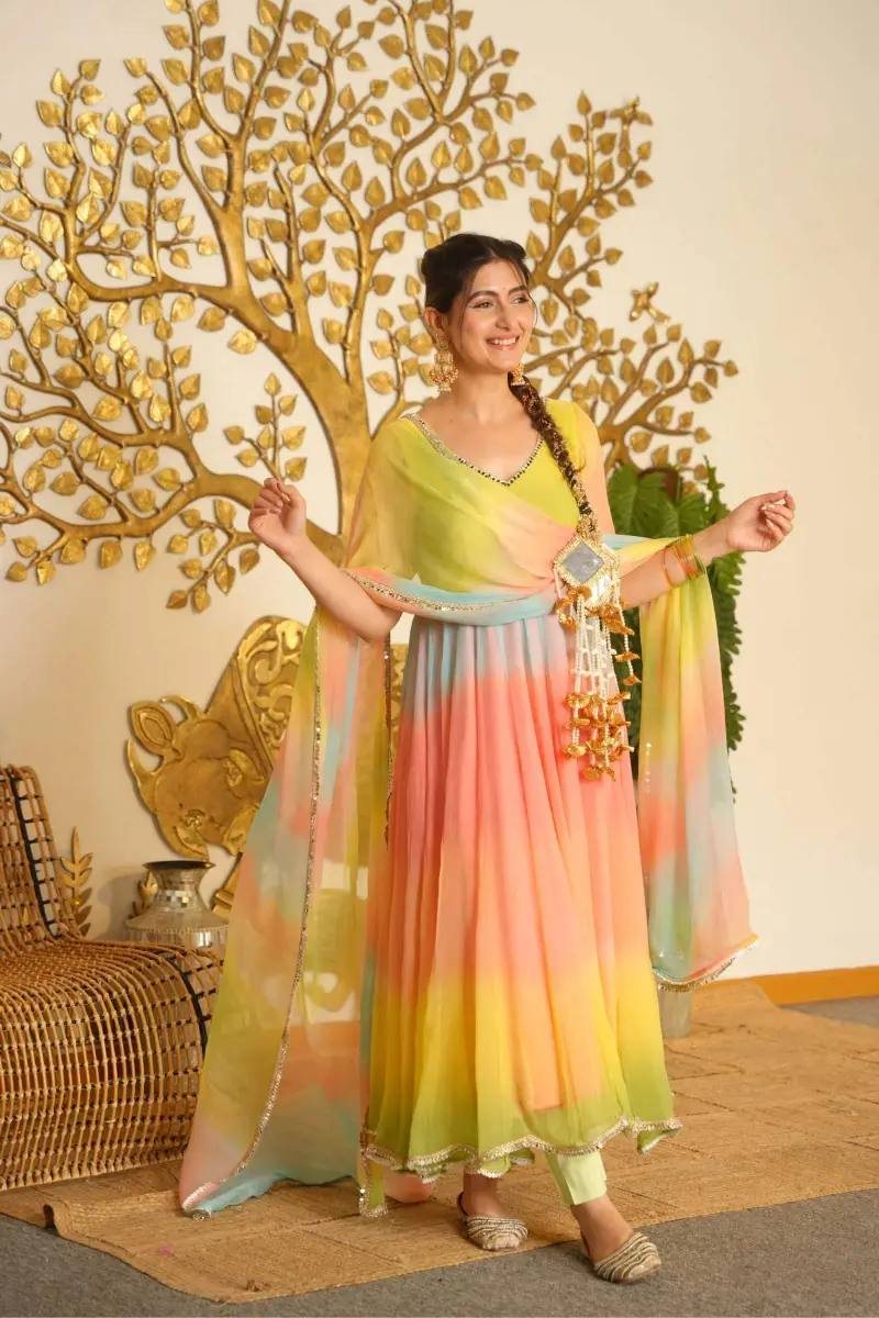 Multicolour Ombre Flared Anarkali Set with Dupatta