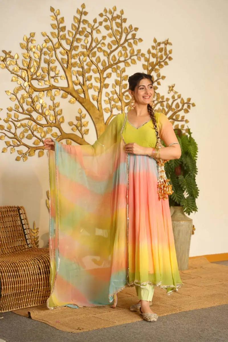 Multicolour Ombre Flared Anarkali Set with Dupatta