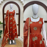 Rust Orange Embroidered Anarkali Suit Set with Dupatta