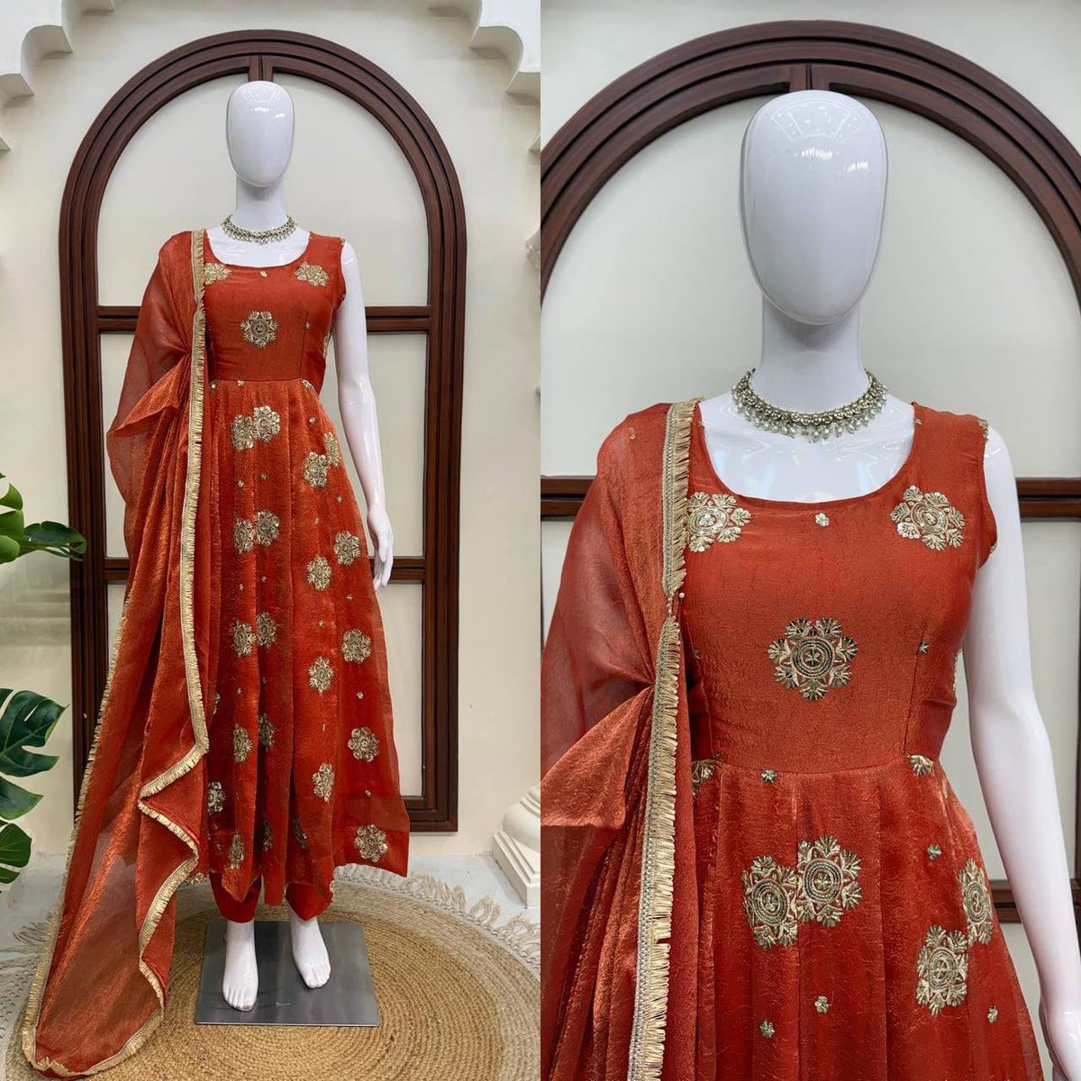 Rust Orange Embroidered Anarkali Suit Set with Dupatta