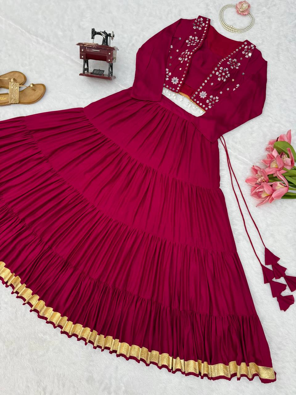 Rani Pink 9-Metre Flared Lehenga with Mirror Work Koti