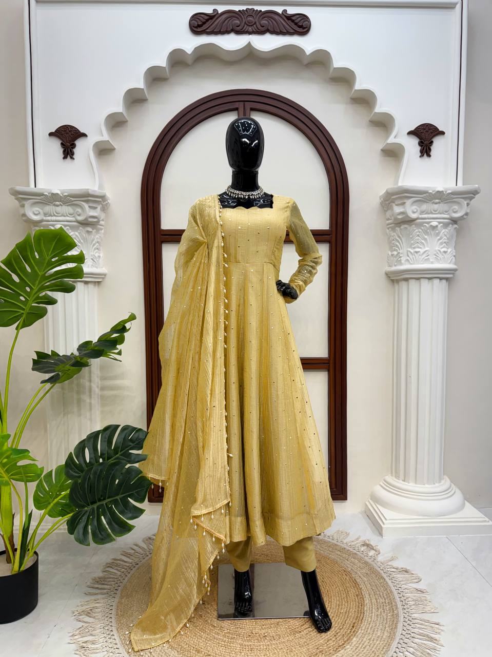 Mustard Yellow Flared Anarkali Suit with Embellished Dupatta