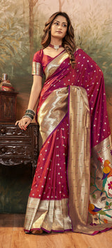 Rani Pink Pure Paithani Silk Saree with Zari Weaving