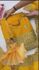 Mustard Yellow Embroidered Flared Anarkali Set with Dupatta