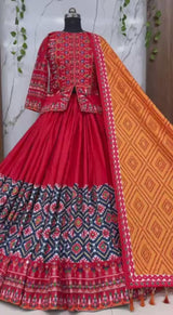 Red & Orange Mirror Work Navratri Lehenga Set