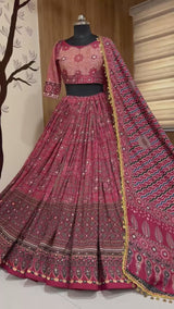 Digital Print Mirror Work Navratri Lehenga Set - Brick