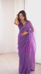 Purple Sequin Embroidered Net Saree with Scalloped Border