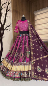 Madhurya Wine & Rani Pink Mirror Work Navratri Lehenga Set