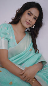Green Soft Linen Saree with Jacquard Pallu
