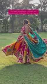 Digital Print Mirror Work Navratri Lehenga Set - Pink Yellow