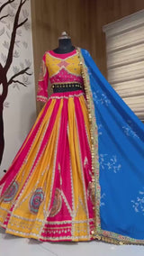 Digital Print Mirror Work Navratri Lehenga Set - Pink Yellow