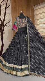 Digital Print Mirror Work Navratri Lehenga Set - Black