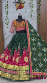Digital Print Mirror Work Navratri Lehenga Set - Green