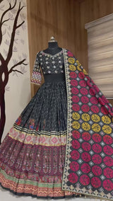 Digital Print Mirror Work Navratri Lehenga Set - Black