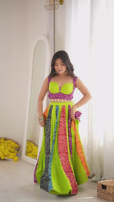 Multicolour Bandhani Print Flared Lehenga with Padded Blouse