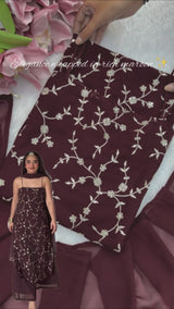 Wine Embroidered Straight Kurta Set with Palazzo & Dupatta