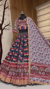 Digital Print Mirror Work Navratri Lehenga Set - Multicolour