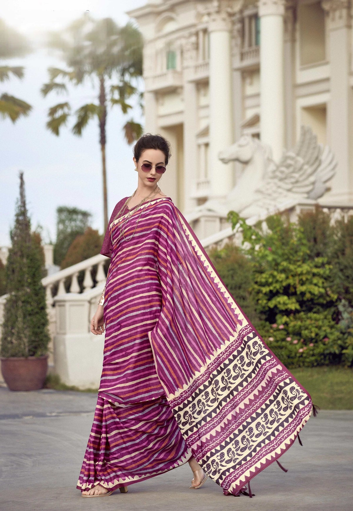 Pink Mal Silk Saree with Multicolour Stripes & Traditional Printed Pallu