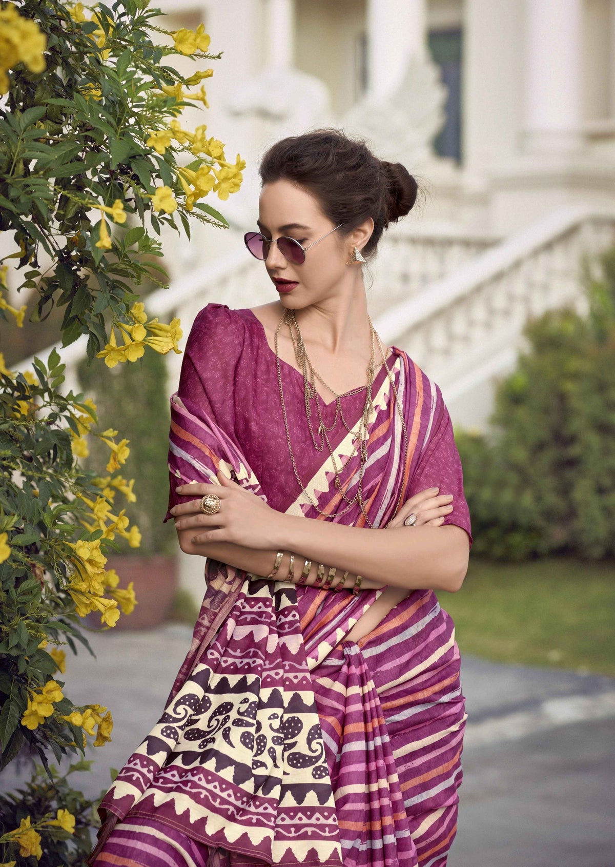 Pink Mal Silk Saree with Multicolour Stripes & Traditional Printed Pallu