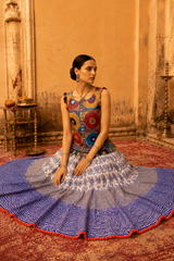 Blue Digital Print Gamthi Embroidery Navratri Lehenga Set