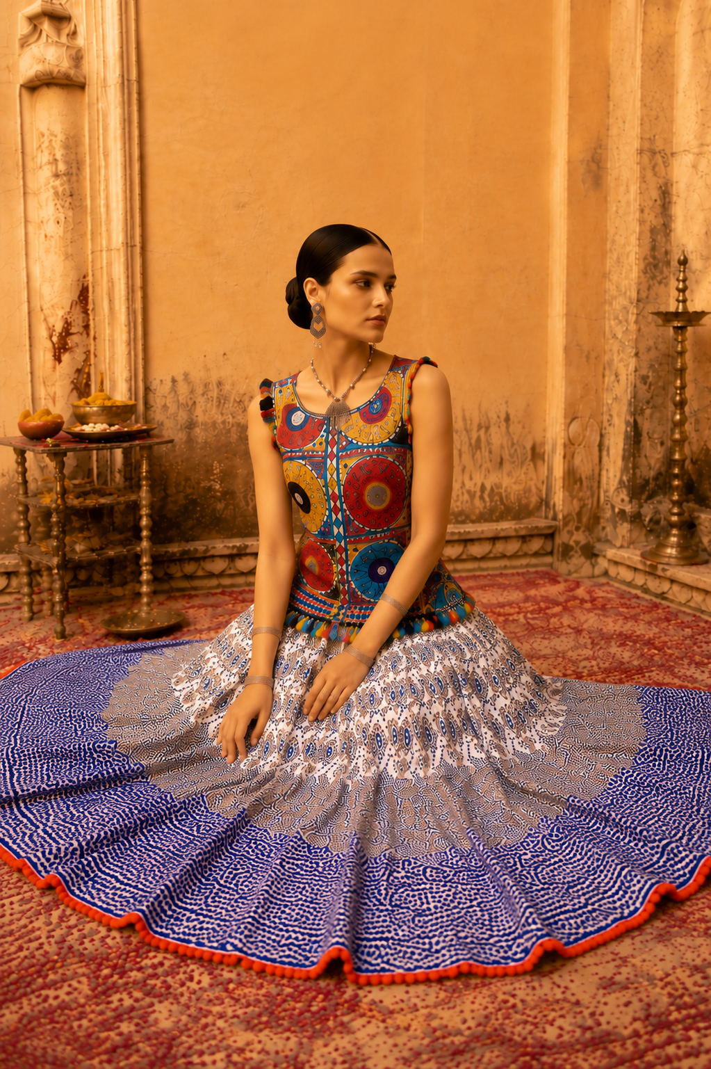 Blue Digital Print Gamthi Embroidery Navratri Lehenga Set