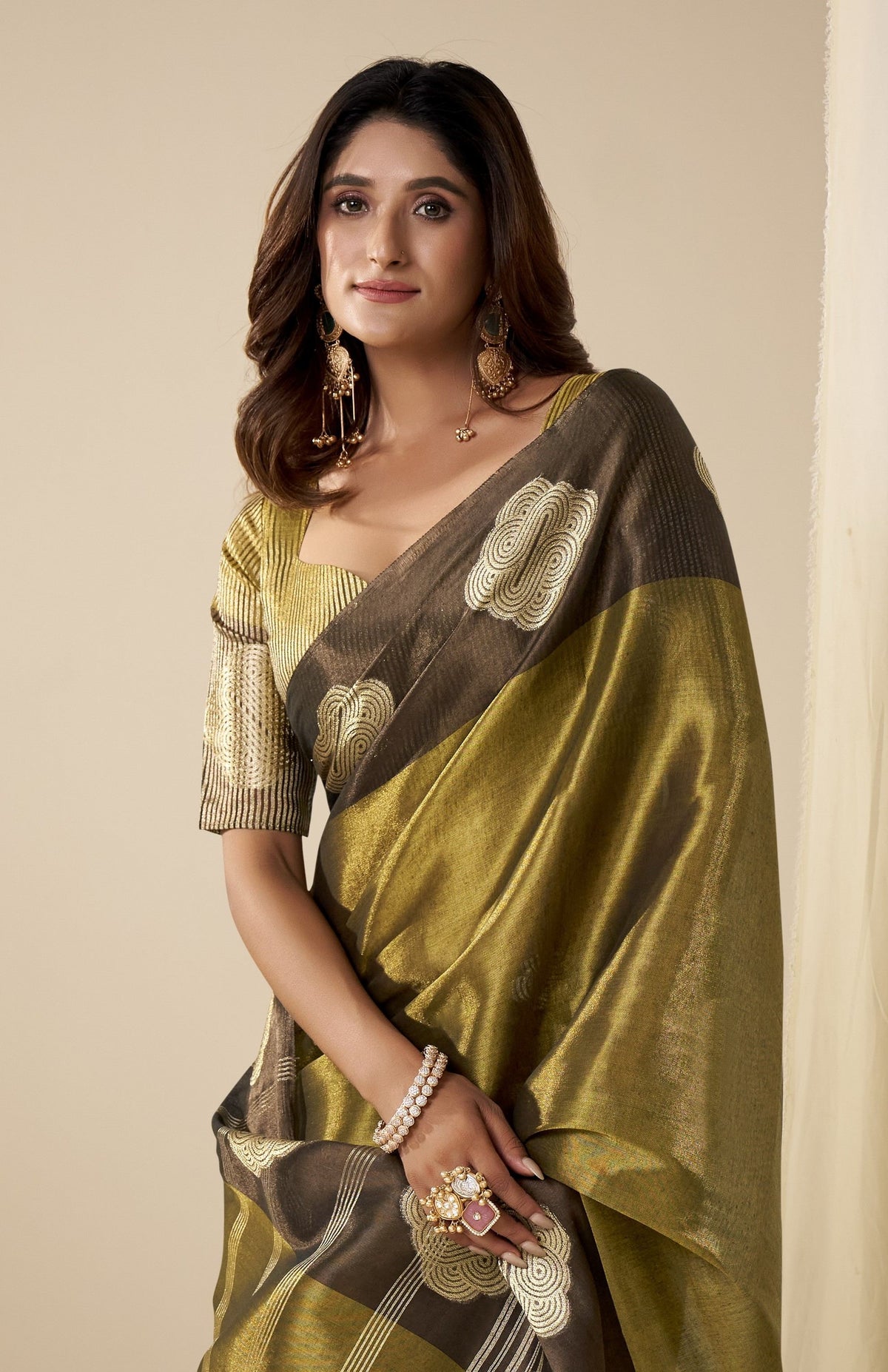 Brass Gold Handloom Tissue Soft Silk Saree with Gold Motifs & Contrast Border