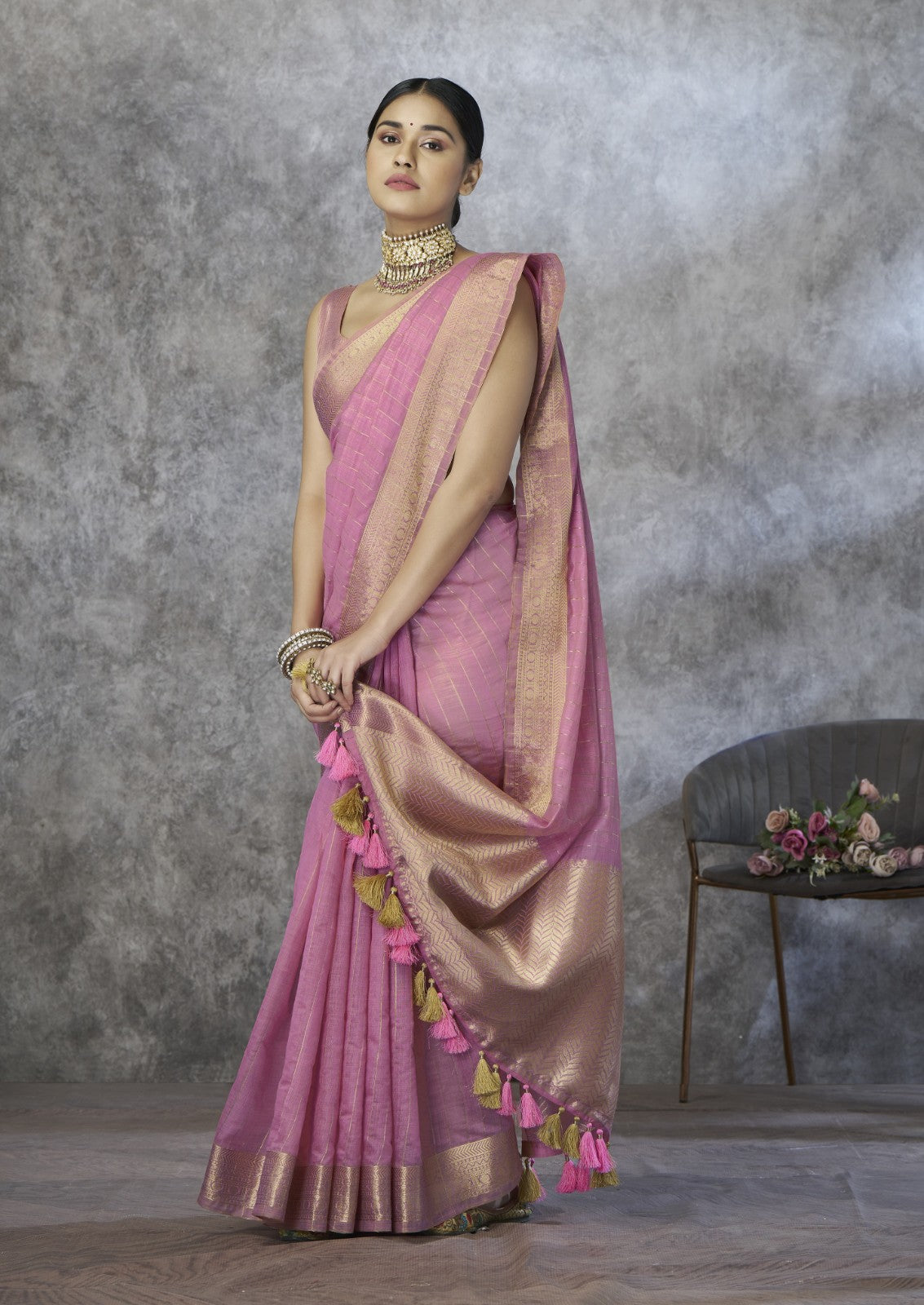 Rose Pink Cotton Silk Saree with Gold Zari Stripes & Woven Pallu